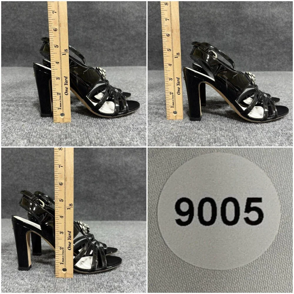 Chanel Sandals Womens 6 36 Black Patent Camellia Flower Logo Italy Heel Strappy